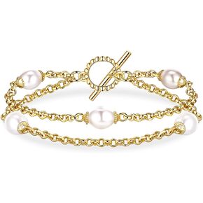 Gold Double Layered Pearl Bracelets for Women, 14K Real Yellow Gold Plated Dainty Pearls Bracelet