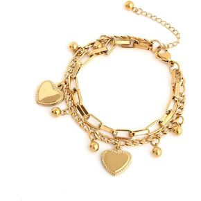 18K Gold Stainless Steel Heart Bracelet for Women with Ball and Heart Charms Gifts for Women