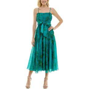 Taylor Women's Sleeveless Smocked Spaghetti Strap Midi Dress with Bow Sash