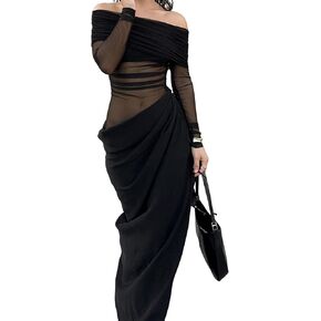 Women's Sheer Mesh Off Shoulder Maxi Dress Y2K Bodycon Gown for Club Party Wedding Evening Outfits