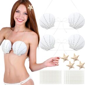 Zooyawawawn 4 مجموعات أزياء صدرية صدرية 4 أجهزة كمبيوتر مصورة بيضاء بيكيني أعلى مع الحبل 8 PCS مشبك الشعر النجوم 8 ملصقات لؤلؤة ملحقات Mermaid Cosplay للنساء حفلة حورية البحر