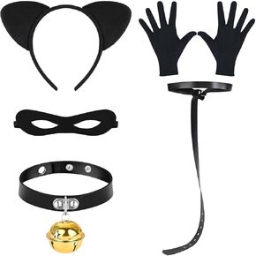 5Pcs Black Cat Costume Include Cat Ears Headband Tail Eye Mask Bell Choker Gloves for Halloween Party Dress up