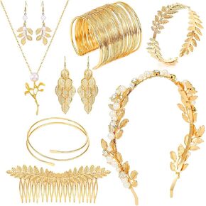 Sixexey Greek Goddess Costume Accessories Golden Laurel Leaves Arm Cuff Bridal Crown Headband Leaf Hair Comb Necklace Earring Toga Costume Accessories for Women（8pcs）
