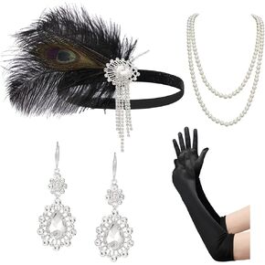 SWEETV 1920s Flapper Accessories Set for Women, Roaring 20s Great Gatsby Headband Flapper Costume Accessories 070409