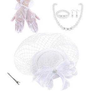 Tea Party Derby Hat Set - 5 Pcs 2025 Kentucky Attire Fascinator Kit with Pearl Necklace Earring Bracelet Lace Gloves