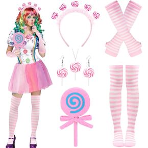 Candy Costume Accessories - Candy Headband Sweet Rainbow Necklace Lollipop Earrings Jombo Handheld Candy Gloves Tights for Women Candy Theme Cosplay Accessories, Pink White