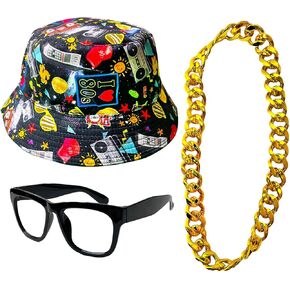 80s 90s Hip Hop Accessories Rapper Costume Reversible Bucket Hat Sunglasses Gold Plated Necklace for Men Women