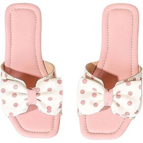 OYOANGLE Girl's Polka Dots Bow Leather Sandals Slides Open Square Toe Slip On Cute Flat Sandal