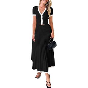 Imily Bela Womens 2 Piece Sweater Skirt Sets Short Sleeve V Neck Crop Knit Top Midi Long Pleated Skirts Outfits Black