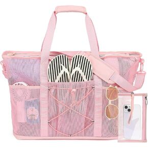Beach Bags for Women - Large Mesh Tote with Phone Dry Pouch, Foldable Beach Tote Bag with Zipper, for Vacation