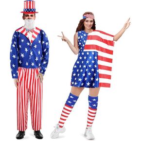 Liitrsh 8 Pcs American Flag Couple Costume Women's Flag Dress and Men's Patriotic Costume Set for 4th of July