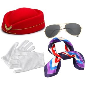 4Pcs Women's Flight Attendant Costume Accessories Set Stewardess Hat Scarf Sunglasses & Gloves for Airline Cosplay and Halloween Dress-Up