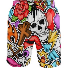 visesunny Men's Swim Trunks Retro Tattoo Skull Cartoon Old School Quick Dry Bathing Suits Beach Holiday Party Swim Shorts