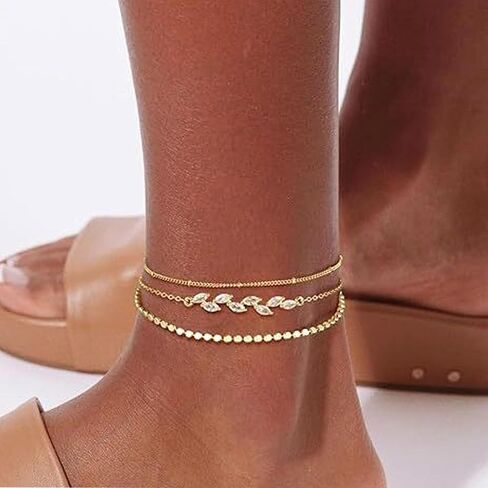 Gold Ankle Bracelets for women,14k Gold/Silver Plated Waterproof Layered Cuban Link Figaro Heart Anklet Pearl Ankle Bracelets Set for Summer Vacation Jewelry in Kuwait