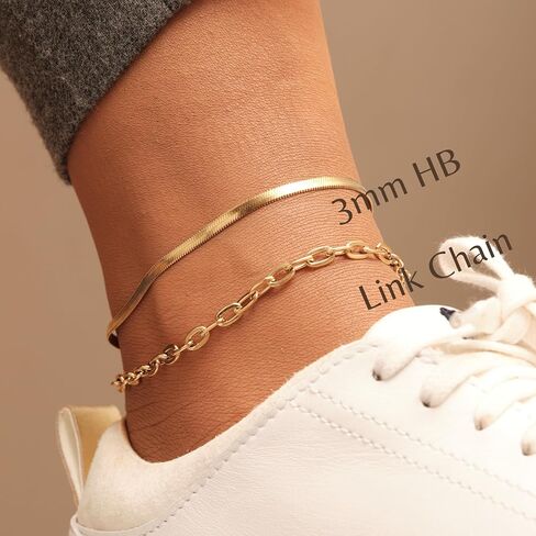 18K Gold PVD Coating Stainless Steel Herringbone Anklet Snake Chain Anklet Gold Chain Anklet 2 in 1 Double Chains Anklet Summer Anklet Beach Anklet For Women in Saudi Arabia