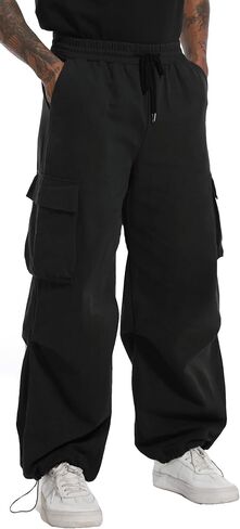 AITFINEISM Men's Baggy Cargo Pants Elastic Waist Drawstring Flap Pocket Beam Feet Streetwear Trousers in Kuwait