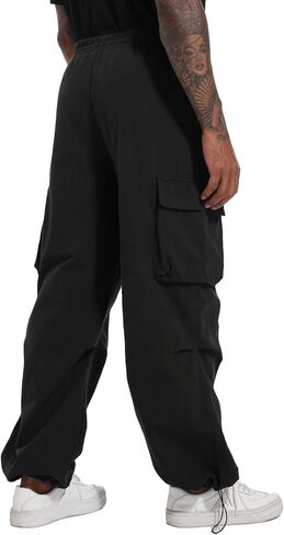 AITFINEISM Men's Baggy Cargo Pants Elastic Waist Drawstring Flap Pocket Beam Feet Streetwear Trousers in Kuwait