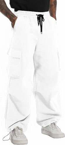 AITFINEISM Men's Baggy Cargo Pants Elastic Waist Drawstring Flap Pocket Beam Feet Streetwear Trousers in Kuwait