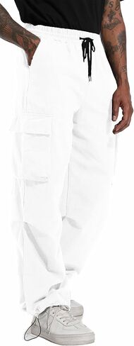 AITFINEISM Men's Baggy Cargo Pants Elastic Waist Drawstring Flap Pocket Beam Feet Streetwear Trousers in Kuwait