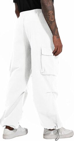 AITFINEISM Men's Baggy Cargo Pants Elastic Waist Drawstring Flap Pocket Beam Feet Streetwear Trousers in Kuwait