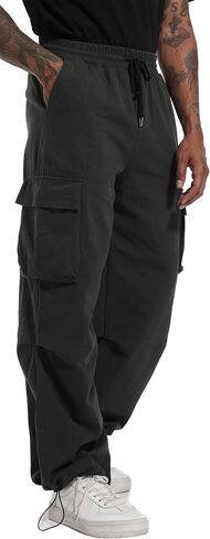 AITFINEISM Men's Baggy Cargo Pants Elastic Waist Drawstring Flap Pocket Beam Feet Streetwear Trousers in Kuwait