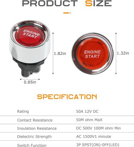 Car Start Button,Car Accessories Engine Start Ignition Switch,12 Volt 50 Amp Blue LED Push to Start Button,Push Start Ignition Switch,Suitable for Marine Vehicle Racing Car Truck RV (Red) in Saudi Arabia