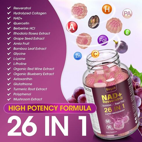 Nad Resveratrol Gummies ، مكملات NAD للنساء مع الكولاجين المائي ، وبذور العنب ، و D-biotin دعم مضادات الأكسدة ، وتجديد الخلايا وتجديد الخلايا ، وخالية من السكر ، 60 جنة. in Kuwait