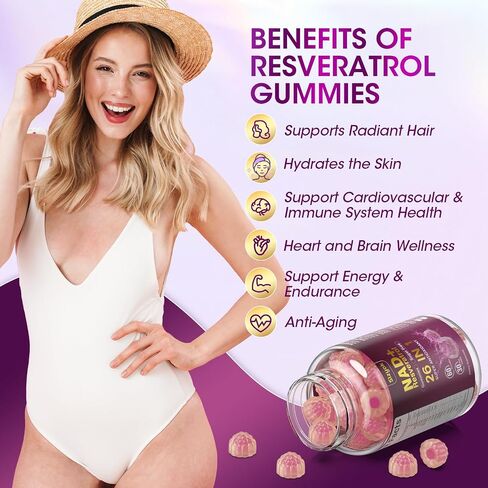 Nad Resveratrol Gummies ، مكملات NAD للنساء مع الكولاجين المائي ، وبذور العنب ، و D-biotin دعم مضادات الأكسدة ، وتجديد الخلايا وتجديد الخلايا ، وخالية من السكر ، 60 جنة. in Kuwait