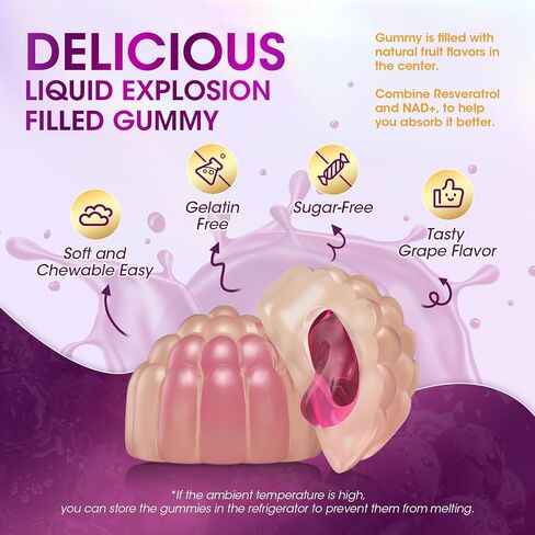 Nad Resveratrol Gummies ، مكملات NAD للنساء مع الكولاجين المائي ، وبذور العنب ، و D-biotin دعم مضادات الأكسدة ، وتجديد الخلايا وتجديد الخلايا ، وخالية من السكر ، 60 جنة. in Kuwait