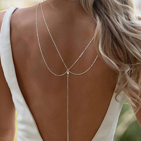 Eyraevor Layered Back Chain Necklace Wedding Bridal Gold-Toned Crystal Backdro Necklace Body Jewelry for Backless Dresses in Saudi Arabia