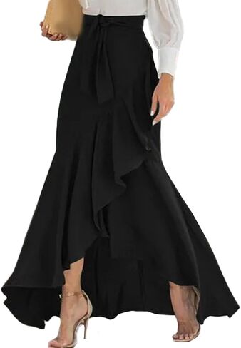SOMTHRON Women's Casual Plaid Mermaid Maxi Skirt Tie Knot Wrap A Line Irregular Ruffle Hem Fishtail Long Skirt in Saudi Arabia