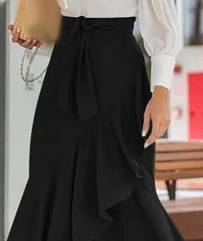 SOMTHRON Women's Casual Plaid Mermaid Maxi Skirt Tie Knot Wrap A Line Irregular Ruffle Hem Fishtail Long Skirt in Saudi Arabia