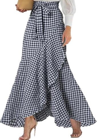 SOMTHRON Women's Casual Plaid Mermaid Maxi Skirt Tie Knot Wrap A Line Irregular Ruffle Hem Fishtail Long Skirt in Saudi Arabia