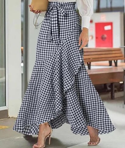 SOMTHRON Women's Casual Plaid Mermaid Maxi Skirt Tie Knot Wrap A Line Irregular Ruffle Hem Fishtail Long Skirt in Saudi Arabia