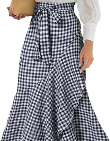 SOMTHRON Women's Casual Plaid Mermaid Maxi Skirt Tie Knot Wrap A Line Irregular Ruffle Hem Fishtail Long Skirt in Saudi Arabia