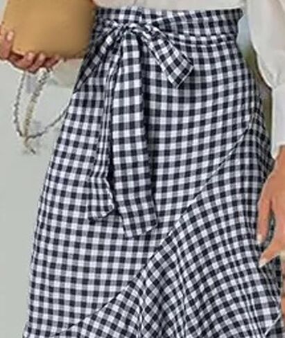 SOMTHRON Women's Casual Plaid Mermaid Maxi Skirt Tie Knot Wrap A Line Irregular Ruffle Hem Fishtail Long Skirt in Saudi Arabia