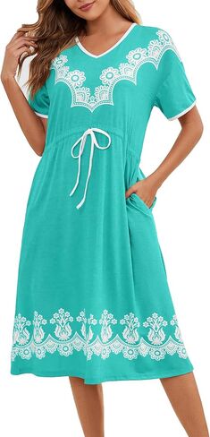 Womens House Dresses with Pockets Moo Moo Nightgown Short Sleeve Mumu Dress Lounge Cotton Floral Print Sleepwear in Saudi Arabia