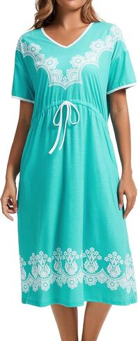 Womens House Dresses with Pockets Moo Moo Nightgown Short Sleeve Mumu Dress Lounge Cotton Floral Print Sleepwear in Saudi Arabia