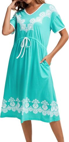 Womens House Dresses with Pockets Moo Moo Nightgown Short Sleeve Mumu Dress Lounge Cotton Floral Print Sleepwear in Saudi Arabia