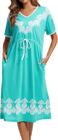 Womens House Dresses with Pockets Moo Moo Nightgown Short Sleeve Mumu Dress Lounge Cotton Floral Print Sleepwear in Saudi Arabia