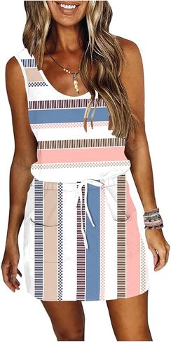 ETCYY NEW Womens Summer Striped Dresses Casual Sleeveless T Shirt Dress Drawstring Waist Sundress with Pockets in Saudi Arabia