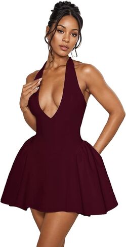 Tbahhir Women Bubble Mini Dress, Sleeveless Halter Deep V Neck Short Dresses Backless Sexy A-Line Club Party Outfits in Saudi Arabia