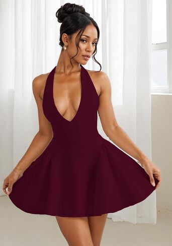 Tbahhir Women Bubble Mini Dress, Sleeveless Halter Deep V Neck Short Dresses Backless Sexy A-Line Club Party Outfits in Saudi Arabia