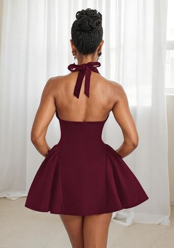 Tbahhir Women Bubble Mini Dress, Sleeveless Halter Deep V Neck Short Dresses Backless Sexy A-Line Club Party Outfits in Saudi Arabia