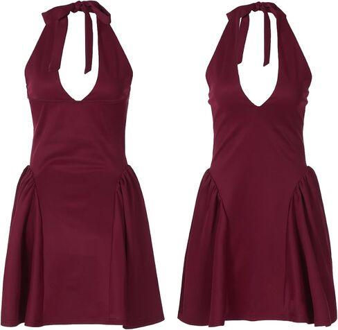 Tbahhir Women Bubble Mini Dress, Sleeveless Halter Deep V Neck Short Dresses Backless Sexy A-Line Club Party Outfits in Saudi Arabia