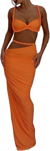 shinfy womens Summer Summer اثنين من قطعتين Maxi Skirts Sexy Corset Top Ruched Long Skirt Beach Dress 2 قطعة نادي ملابس in Kuwait