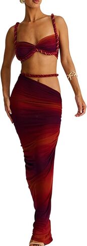 shinfy womens Summer Summer اثنين من قطعتين Maxi Skirts Sexy Corset Top Ruched Long Skirt Beach Dress 2 قطعة نادي ملابس in Kuwait