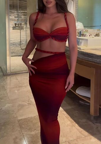 shinfy womens Summer Summer اثنين من قطعتين Maxi Skirts Sexy Corset Top Ruched Long Skirt Beach Dress 2 قطعة نادي ملابس in Kuwait