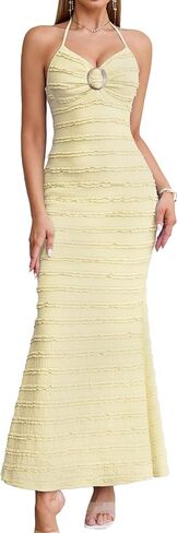 Htzmo Women Elegant Summer Disual Bodycon Maxi Dress Sexy v Neck Halter Shuffle Wedding Dresses Italial Long in Kuwait