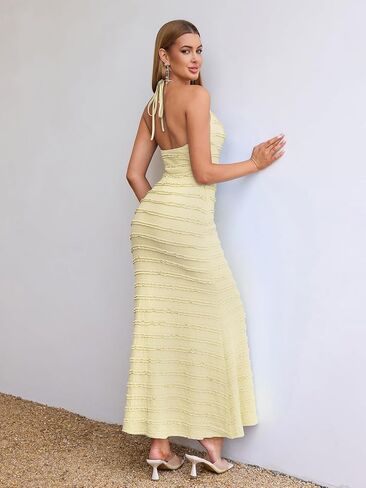 Htzmo Women Elegant Summer Disual Bodycon Maxi Dress Sexy v Neck Halter Shuffle Wedding Dresses Italial Long in Kuwait